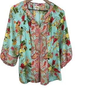 Anthropologie FIG & FLOWER Women Sz 1X Floral Paisley Tunic Popover Button Top